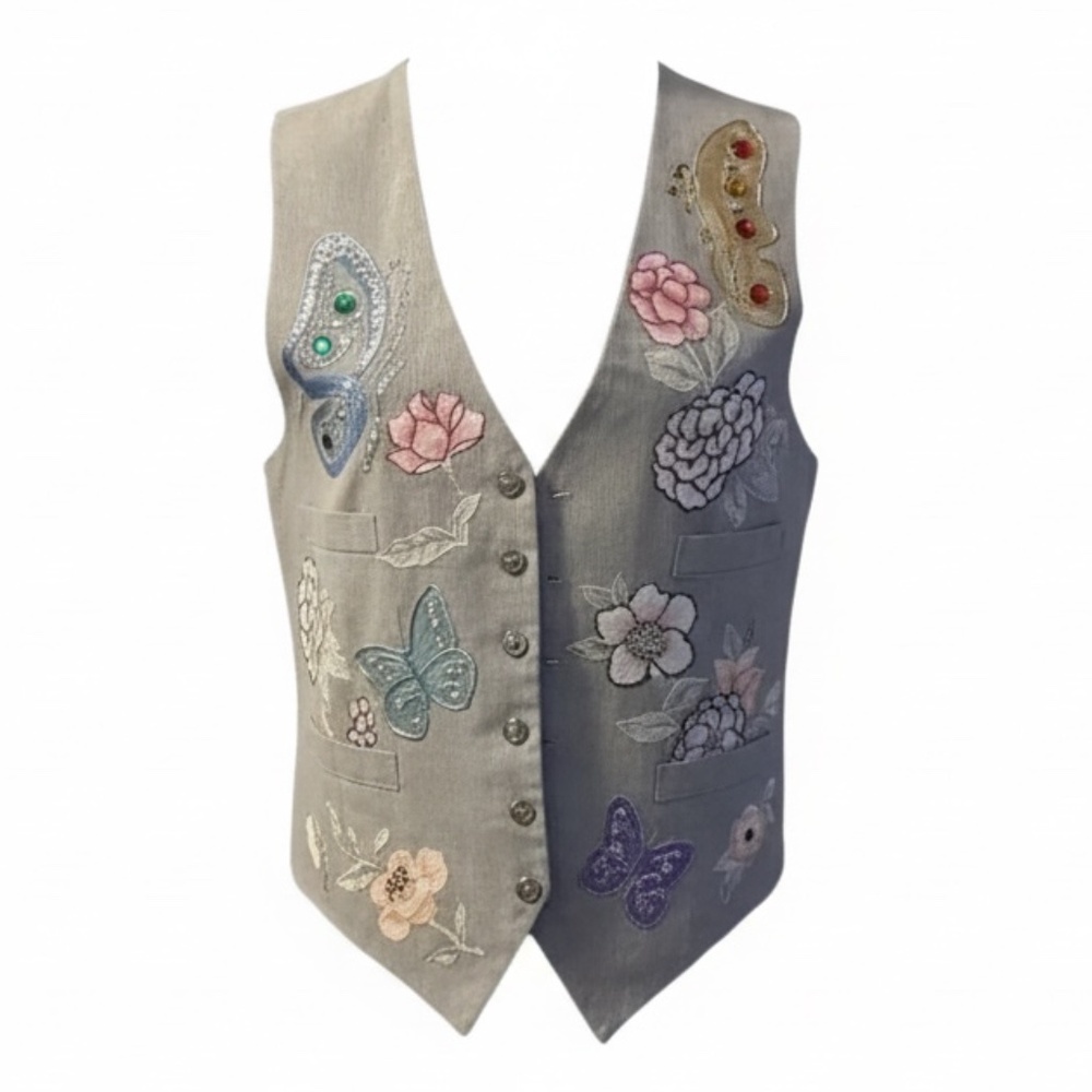 NWOT‎ Vintage Light gray Hand Painted Vest Butterfly Daisies M/L